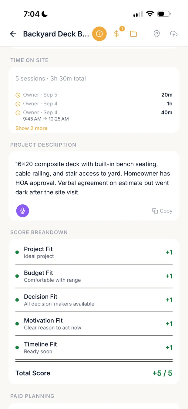 A lead detail screen in Clamp showing all five fit criteria scored +1 and a total of +5 out of 5